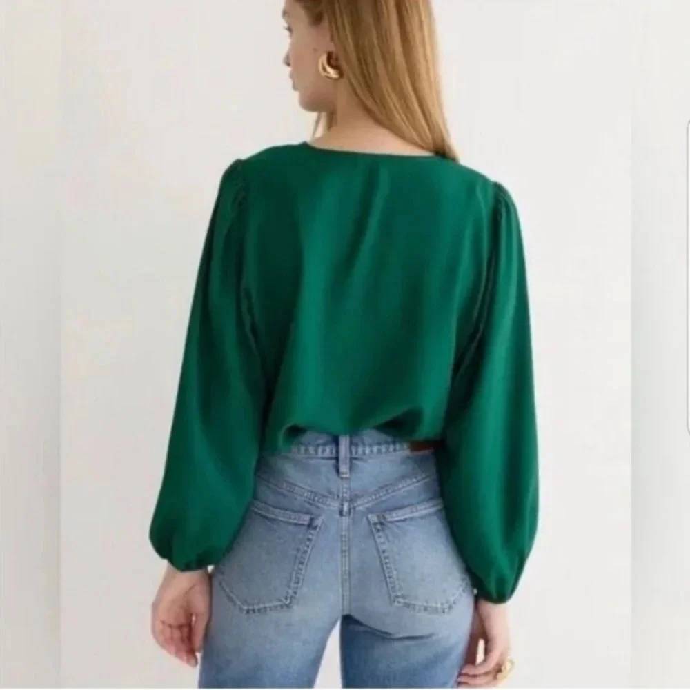 J.Crew Shirt Green Puff Sleeve Satin Back Crepe Office Size PS